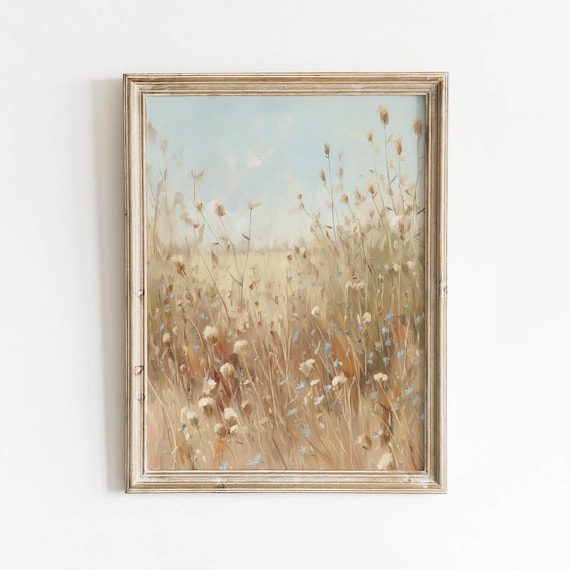 Muted Dried Wildflower Meadow Vintage Neutral Landscape Poster