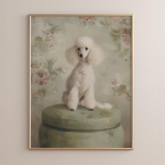 Vintage White Poodle Portrait Print On Green Cushion Soft Pastel Pet Art Elegant Floral Background Romantic Cozy Decor Poster P188