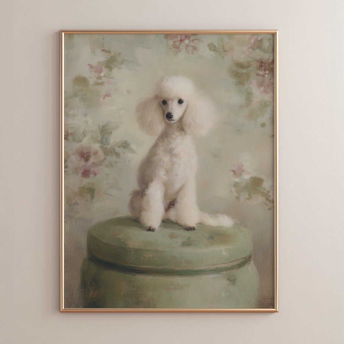 White Poodle Portrait Painting Poster on Green Cushion Soft Pastel Dog Art