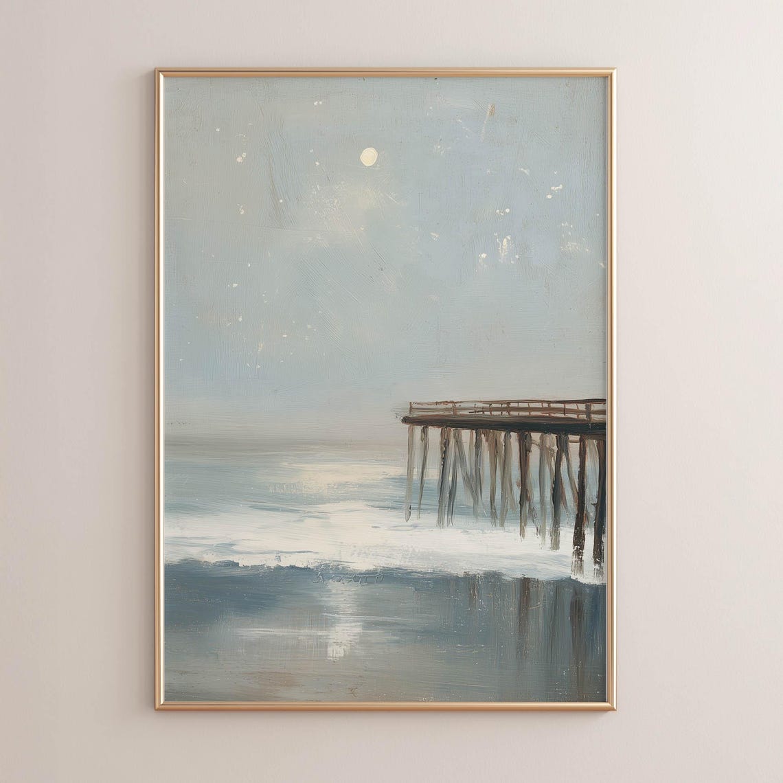 Wooden Pier Moonlight Moody Blue Gray Ocean Art Seascape Poster