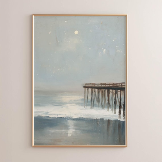 Wooden Pier Moonlight Moody Blue Gray Ocean Art Seascape Poster