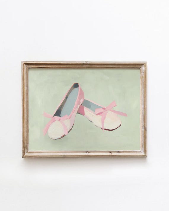 Vintage Ballerina Slippers Printable Art Soft Pink Pastel Ribbons On Mint Background Nursery Wall Decor Handpainted Folk Style 137