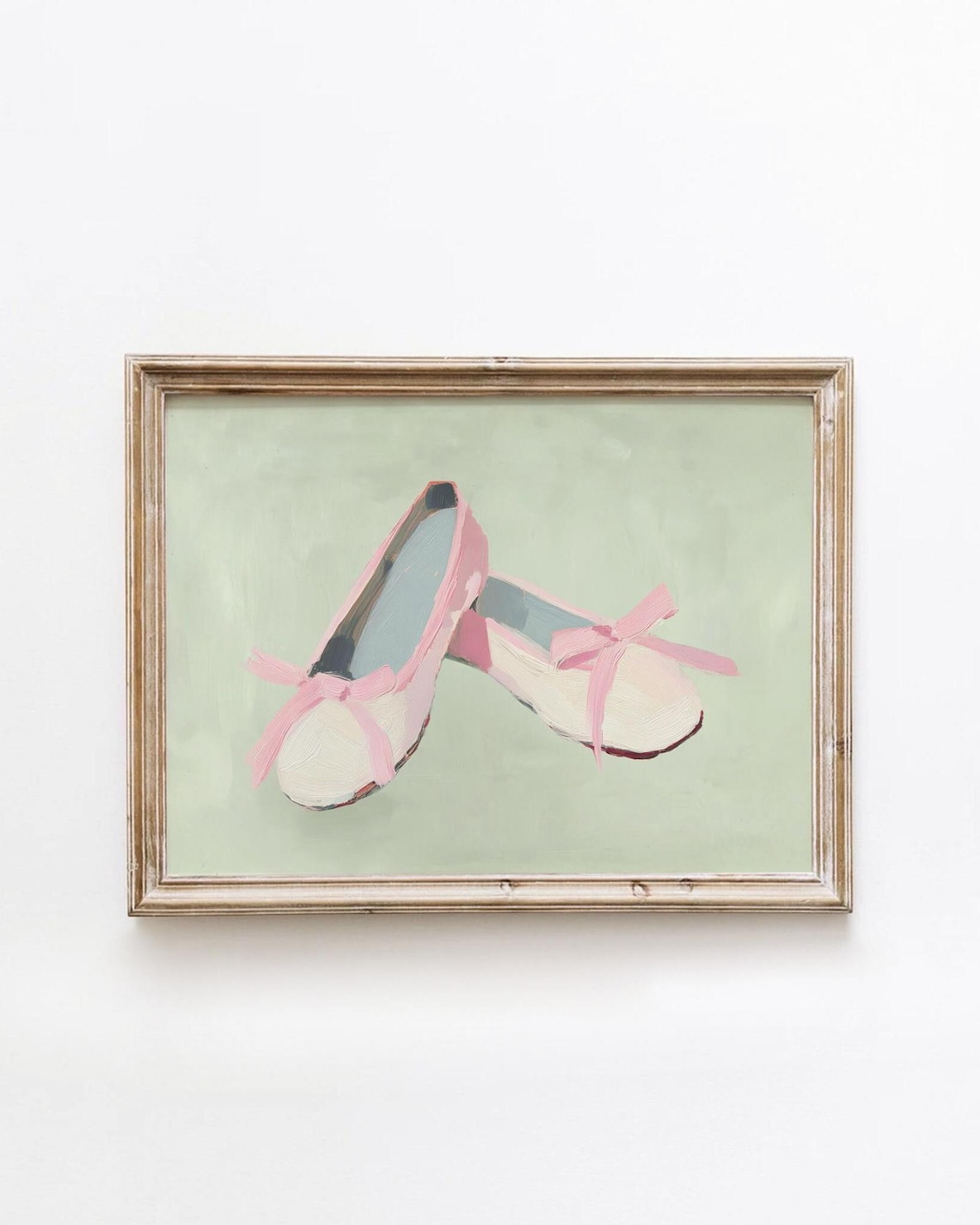 Pink Ballet Flats With Ribbon Bows on Sage Green Oil Painting Poster