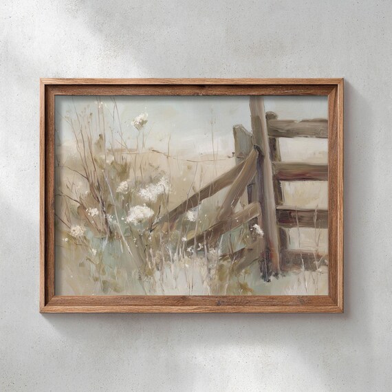 Rustic Weathered Fence Post Wild Grasses White Wildflowers Muted Beige Sage Green Vintage Country Cottage Style Poster Print 0500