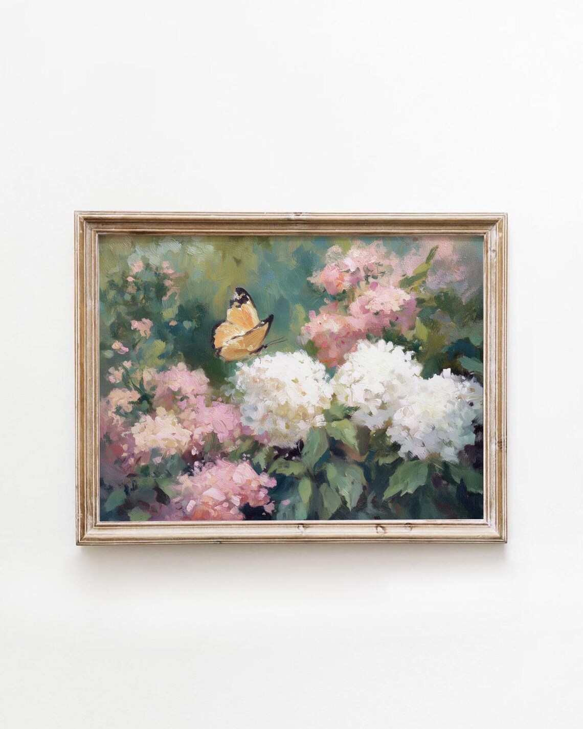 Yellow Butterfly On Pink Hydrangea Garden Oil Painting Wall Art