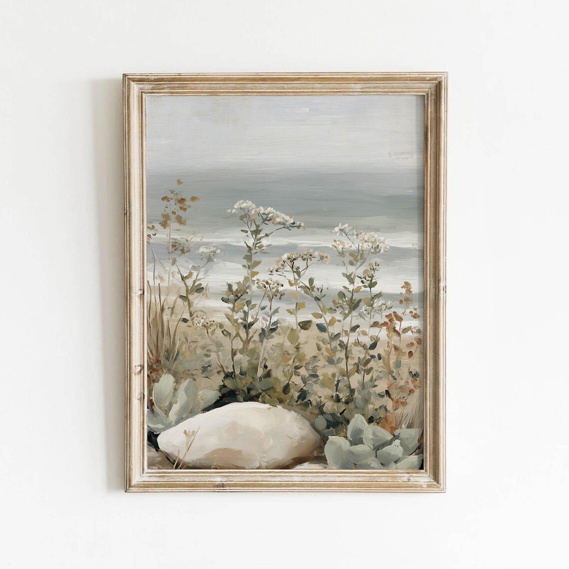Coastal Wildflower Landscape, Vintage Neutral Decor Art Print