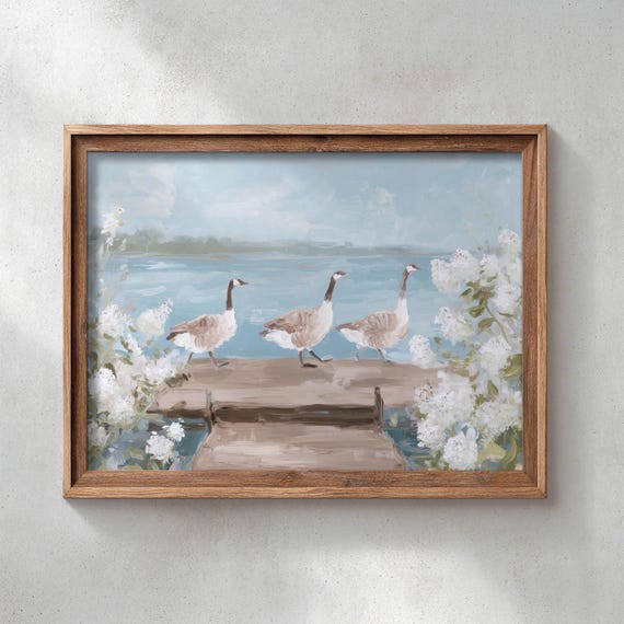 Printed Coastal Geese On Wooden Dock Blue Lake Landscape Romantic Summer Scene Cottage Aesthetic Wall Art P649