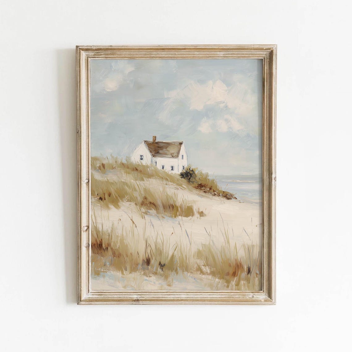 White Beach Cottage On Sandy Dunes Neutral Vintage Seashore Poster