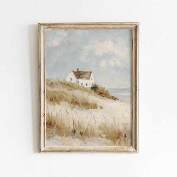 Coastal Cottage On Sandy Dunes Printable Vintage Beach House Wall Art Neutral Seaside Landscape Calm Ocean Decor Digital Download 417