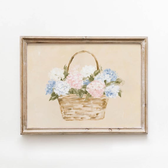 Hydrangea Basket Printable Soft Pink Floral Wall Art Vintage Spring Flowers Decor Cottage Botanical Digital Download 661