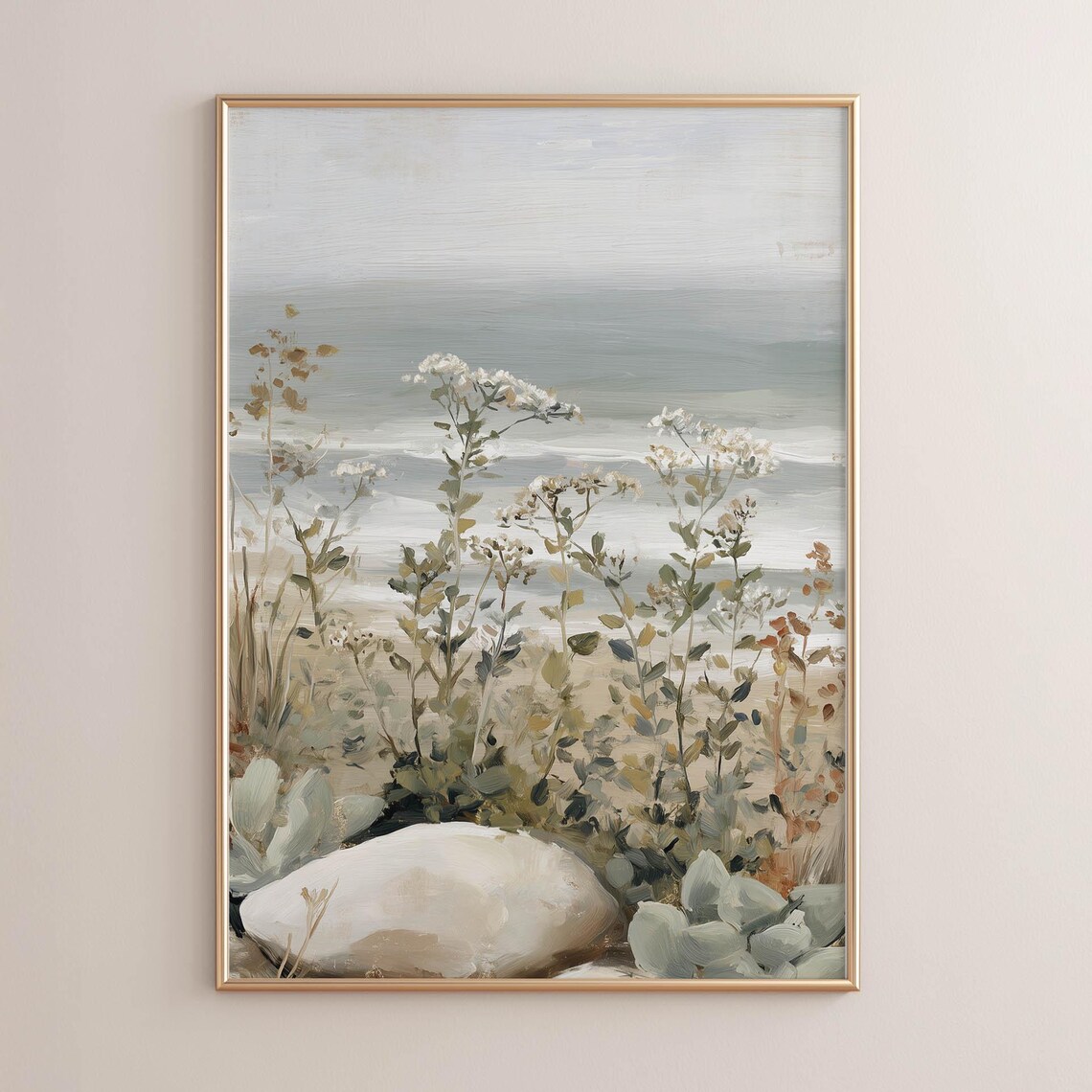 Coastal Wildflower Landscape With Ocean Horizon Neutral Sage Green Poster