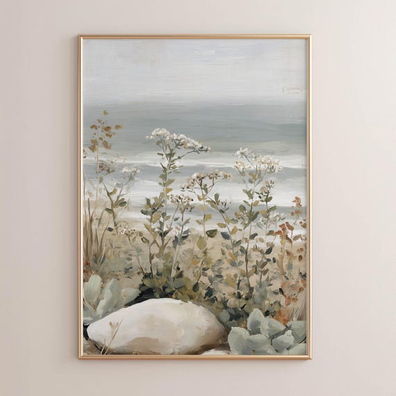 Printed Coastal Wildflower Landscape With Ocean Horizon Neutral Sage Green Wall Art Serene Beach Painting Cottage Decor Print P440