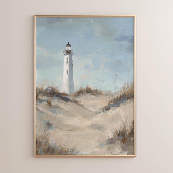 Printed Lighthouse On Sandy Dunes Coastal Farmhouse Wall Art Serene Nautical Painting Rustic Beige Beach Decor Poster P462 0462