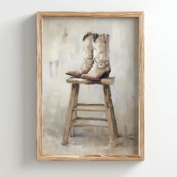 Printed Cowboy Boots On Rustic Stool Cream Tan Leather Western Farmhouse Style Vintage Country Oil Painting Entryway Decor 0629