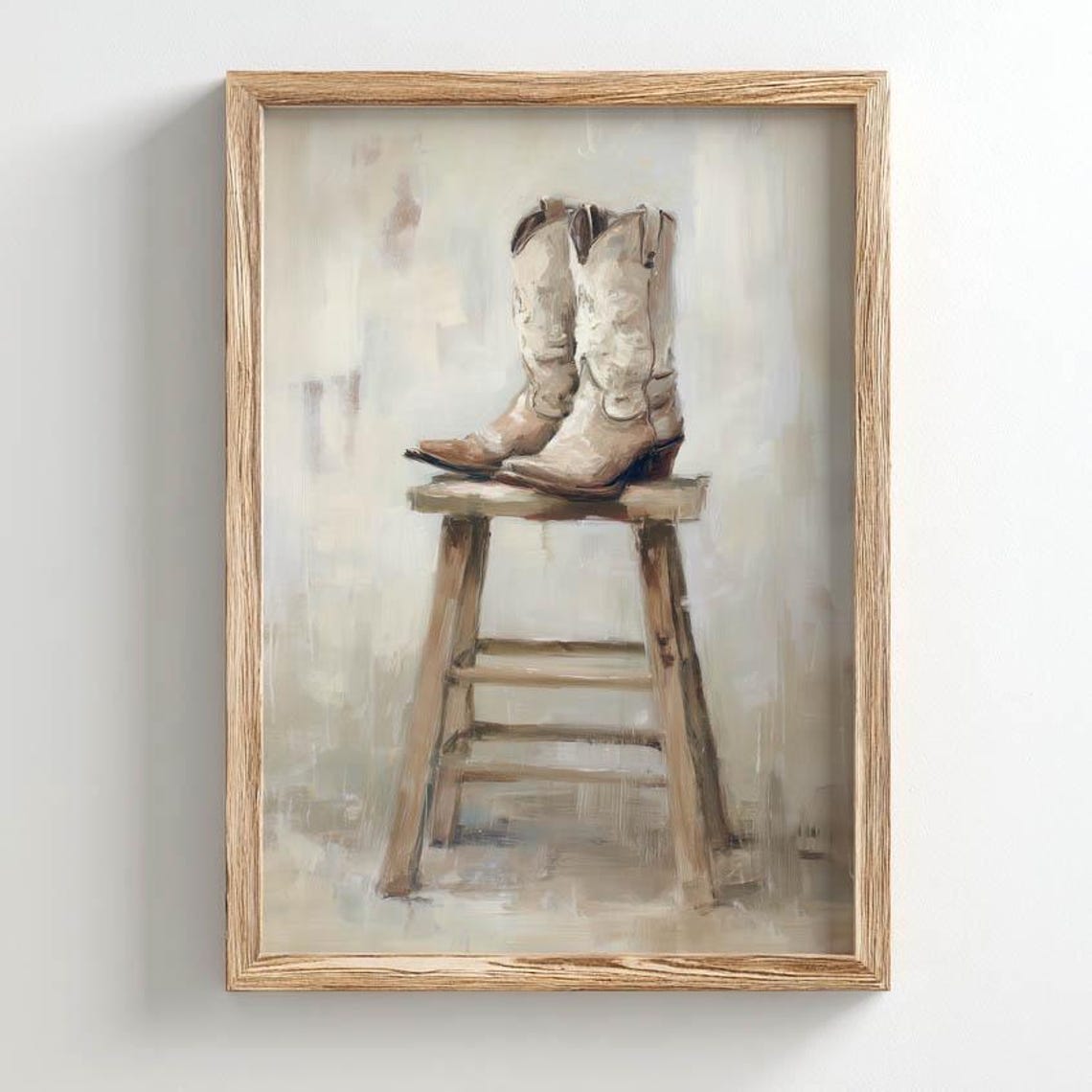 Cream Cowboy Boots On Rustic Wooden Stool Western Art Poster
