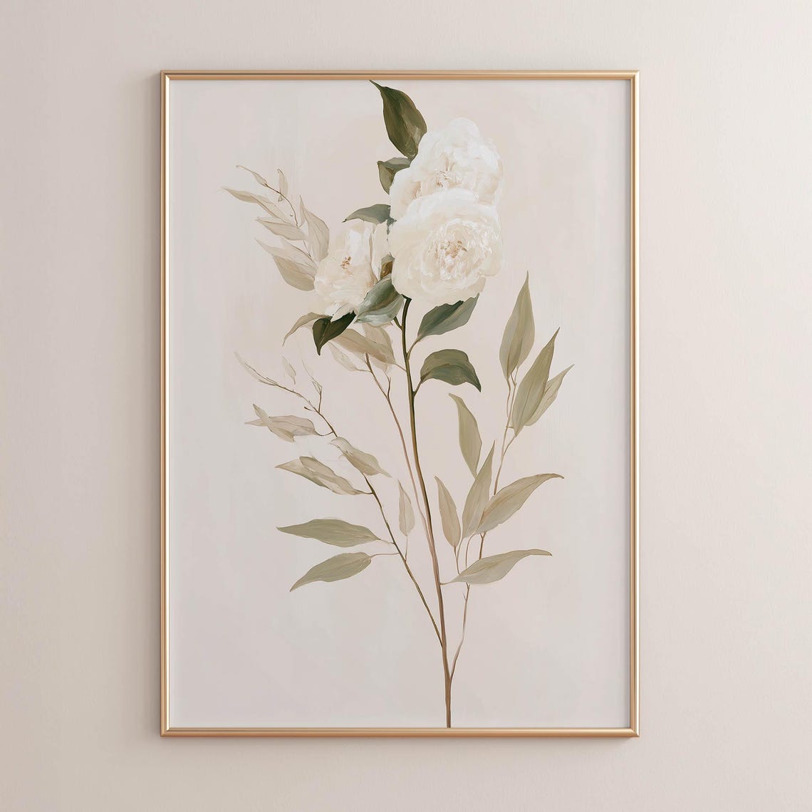 White Peony Botanical Stem Soft Neutral Floral Painting Poster