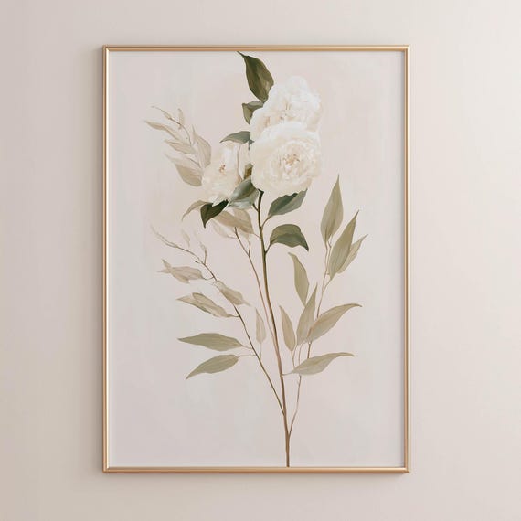 Printed White Peony Botanical Stem Wall Art Neutral Floral Painting Sage Green Leaves Minimalist Cottage Decor P477