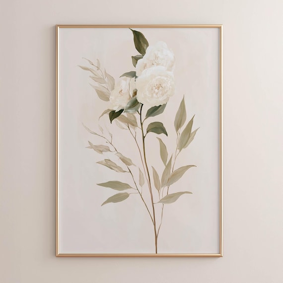 White Peony Botanical Stem Soft Neutral Floral Painting Poster