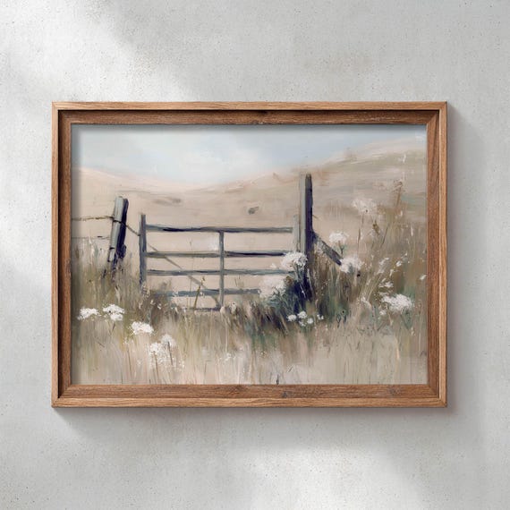 Printed Rustic Wooden Fence Gate Golden Meadow Landscape Neutral Tans Creams Cottage Country Scene Oil Painting Entryway Wall Art 0502