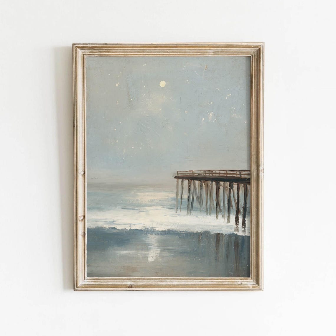 Coastal Pier Moonlight Night Ocean Muted Blue Vintage Seascape Poster