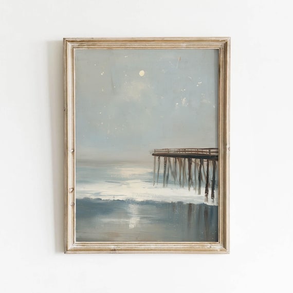 Coastal Pier Moonlight Night Ocean Muted Blue Vintage Seascape Poster