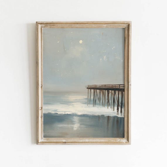 Coastal Pier Under Moonlight Printable Muted Bluegray Wall Art Vintage Ocean Landscape Decor Rustic Seaside Print Neutral Download 413