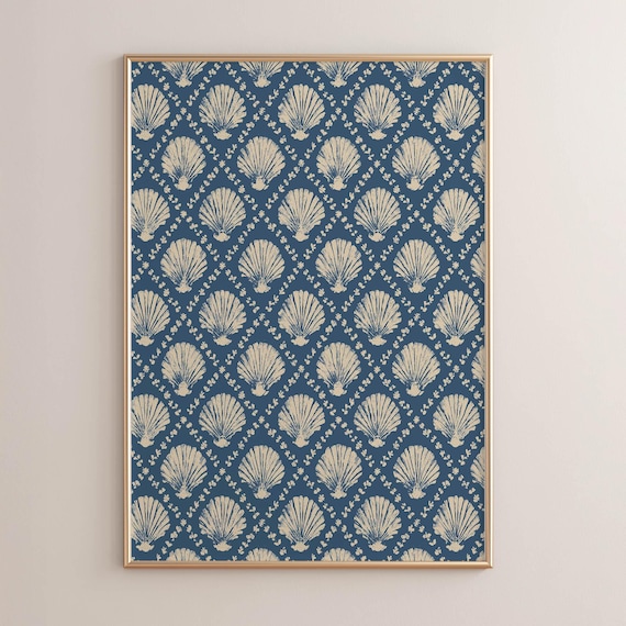 Navy Scallop Shell Pattern Cream Block Design Coastal Poster