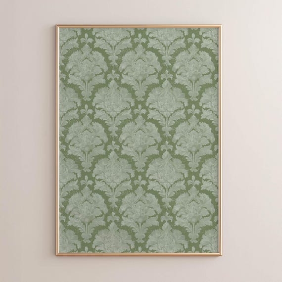Vintage Sage Green Floral Damask Print Classic Shabby Chic Poster Ornate Medallions Wall Art For Farmhouse Decor Seamless Pattern P109