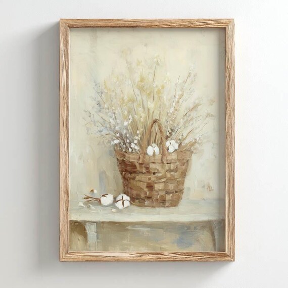 Dried Cotton Basket Still Life Poster Print Woven Botanicals Vintage Art Neutral Tan Cream Blue Rustic Cottage Decor Oil Painting 0512