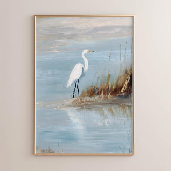 Printed White Egret At Waterside Marsh Coastal Farmhouse Wall Art Muted Landscape Painting Serene Nature Decor P468