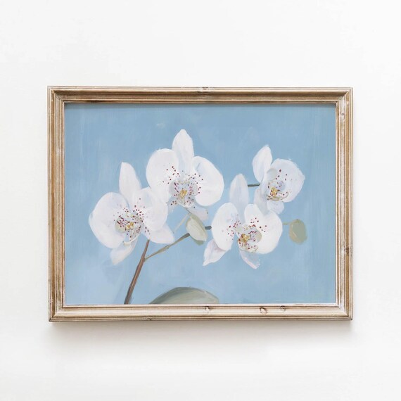 White Orchid Blooms Poster Dusty Blue Soft Botanical Floral Decor