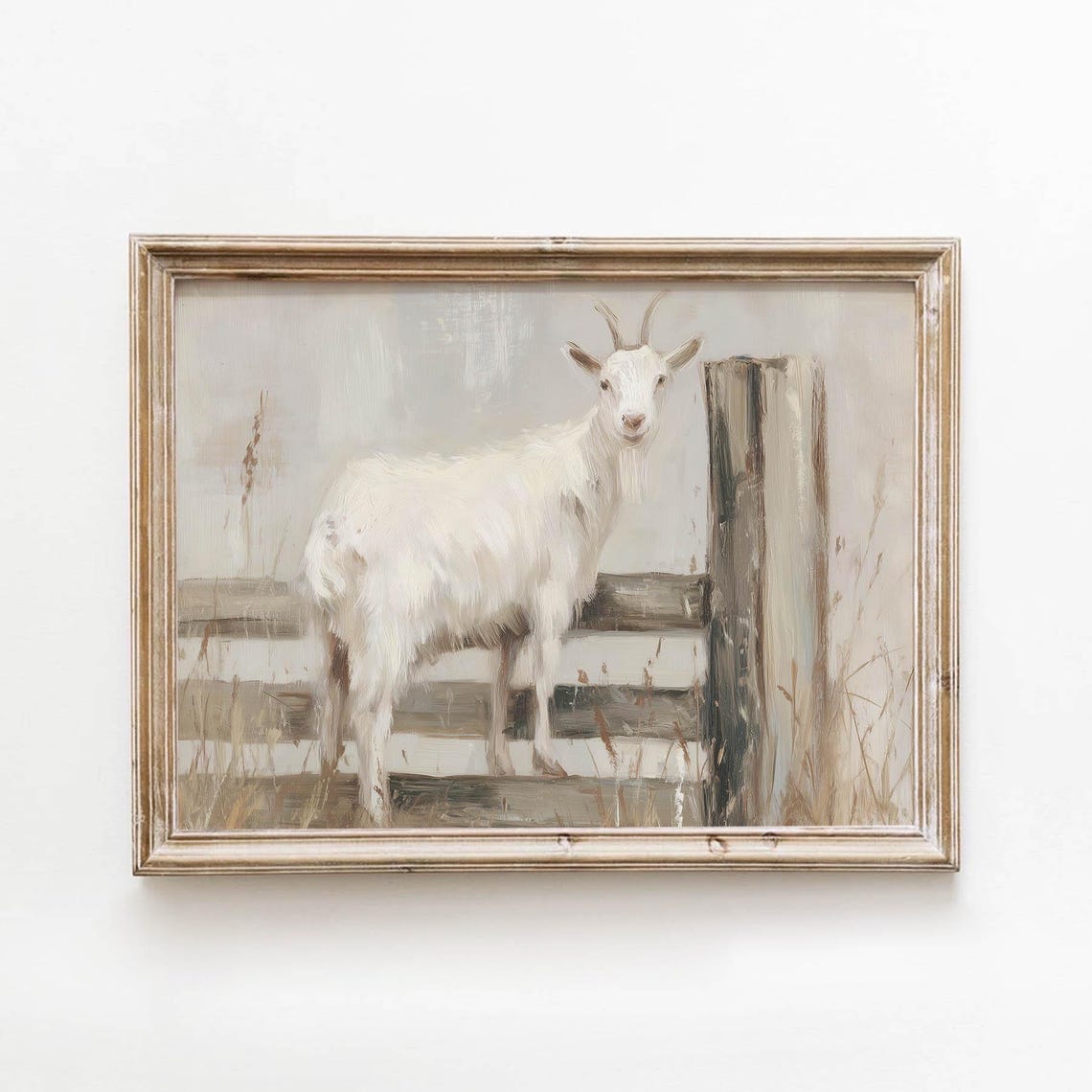 Vintage White Goat Rustic Fence Post Neutral Farm Animal Poster