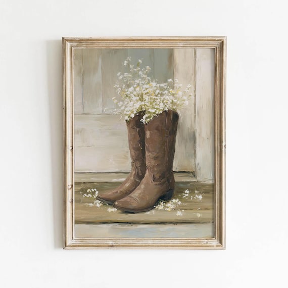 Brown Cowboy Boots Holding Wildflowers Rustic Western Art Poster
