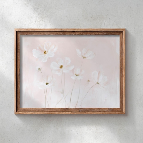 Printed Soft Cosmos Flowers Blush Pink Background Delicate Stems Golden Centers Airy Feminine Serene Dreamy Floral Poster Art P746