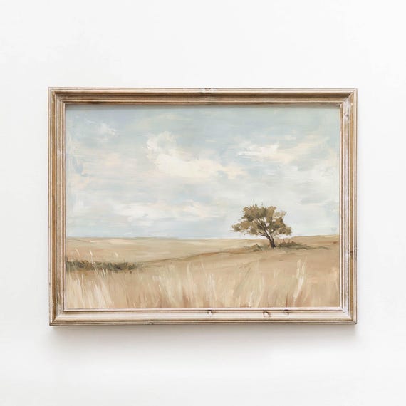 Vintage Golden Prairie Tree Neutral Landscape Printable Wall Art Farmhouse Decor Digital Download 547