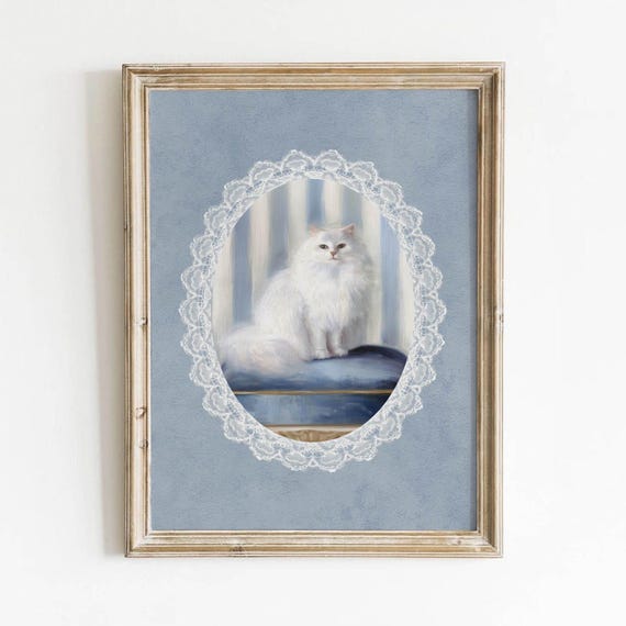 Coquette Cat Printable Feminine Blue Wall Art Vintage Kitty Decor Cute Vertical Stripes Girly Digital Download 0186