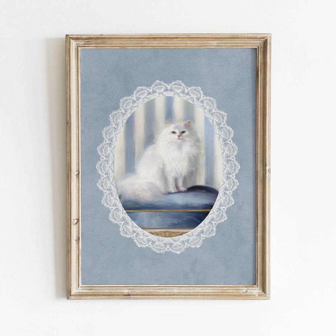 White Persian Cat Portrait in Lace Oval Frame Vintage Style Poster