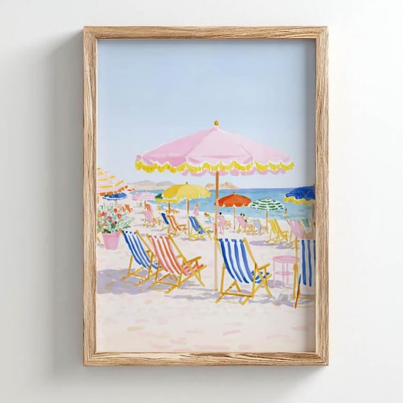 Printed Beach Scene Poster Striped Deck Chairs Pink Parasol Retro Summer Wall Art Vintage Seaside Decor Colorful Vacation Painting P656a