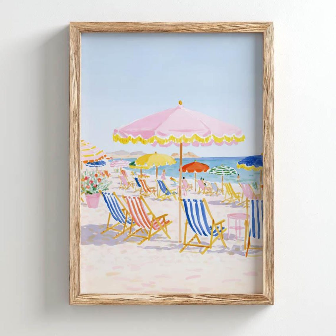 Colorful Beach Deck Chairs Striped Parasols Summer Seaside Poster