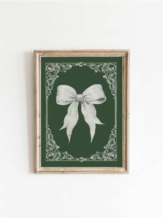 Coquette White Bow On Dark Green Ornate Vintage Frame Poster