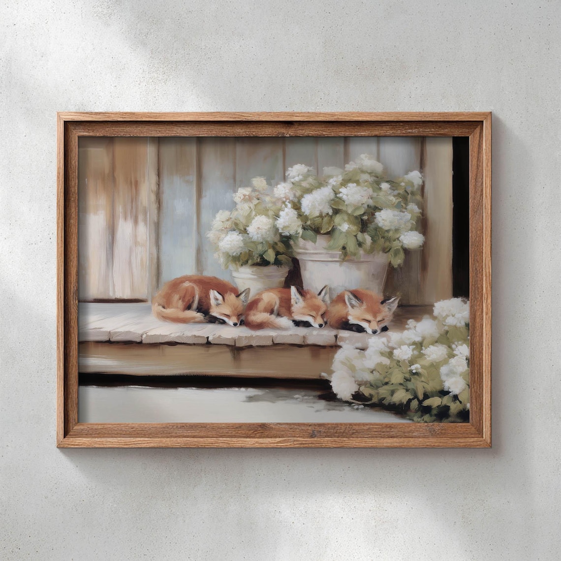 Sleeping Red Fox Kits on Rustic Porch Hydrangea Vintage Cottage Painting Poster