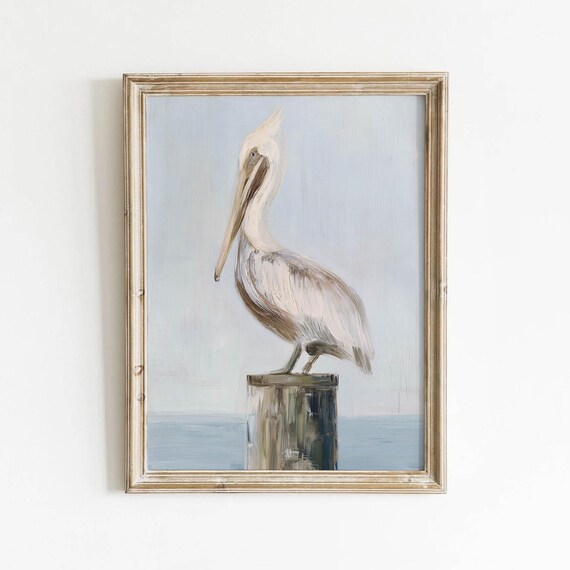Neutral Pelican On Dock Post Printable Coastal Wall Art Muted Beach Bird Decor Calm Seaside Cream Download 460