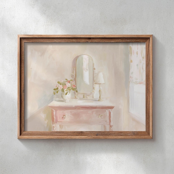 Blush Pink Vanity Mirror Roses Coquette Bedroom Shabby Chic Wall Art