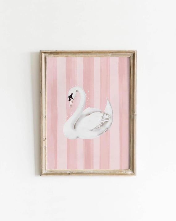 White Swan Pink Striped Background Girls Nursery Elegant Art Poster