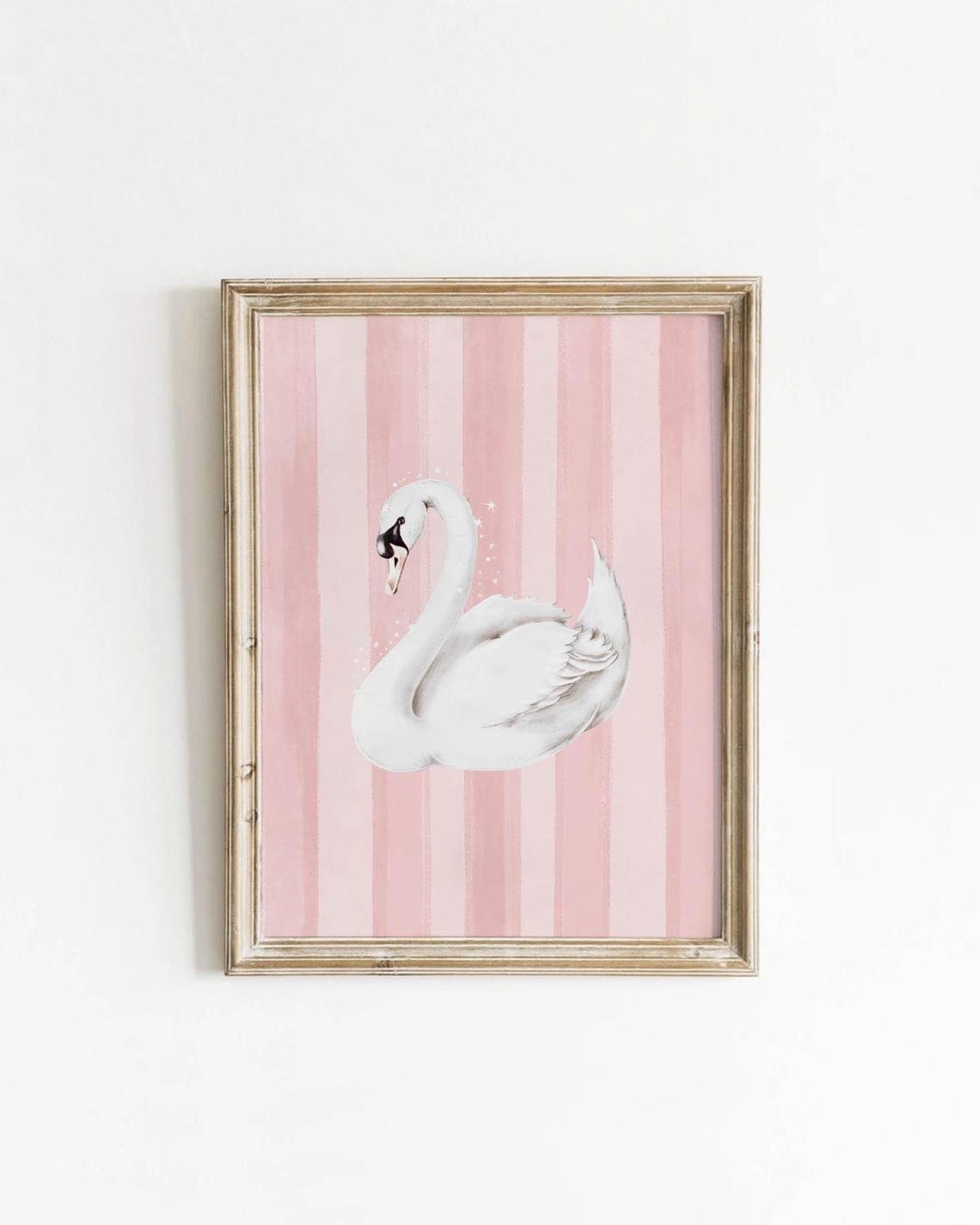 White Swan Pink Striped Background Girls Nursery Elegant Art Poster
