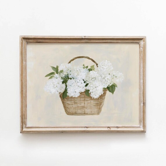 Vintage White Hydrangea Basket Muted Floral Wall Art Cottagecore Flower Decor Neutral Botanical Print French Country Printable 660
