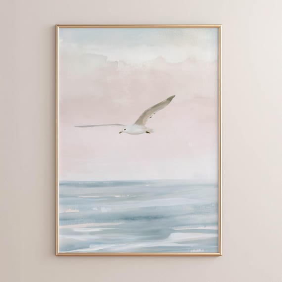 Printed Seagull In Flight Over Ocean Muted Coastal Wall Art Soft Watercolor Beach Painting Serene Nautical Decor Calm Waters 0693