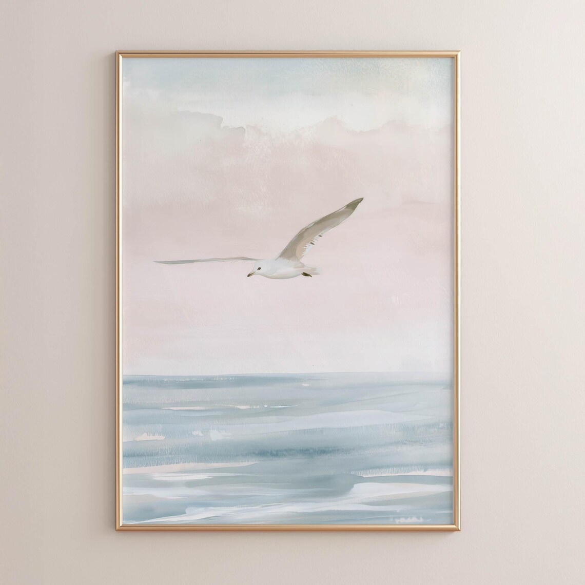 Seagull In Flight Over Ocean Soft Pastel Coastal Watercolor Wall Print
