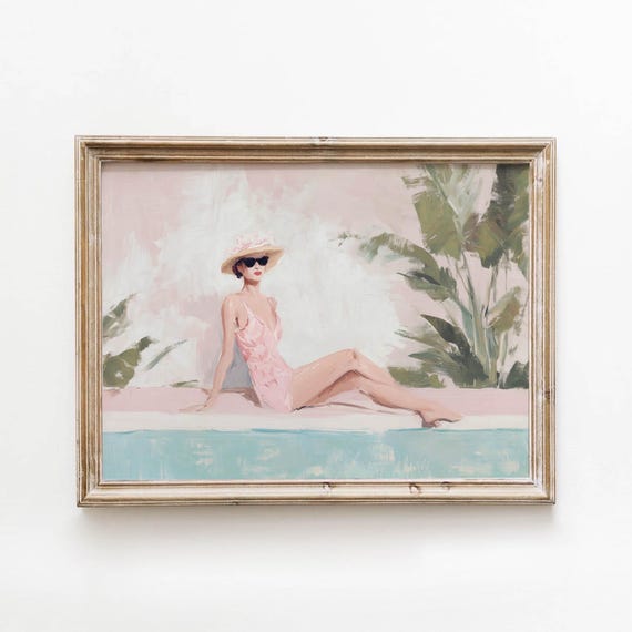 Retro Woman By Pool, Vintage Chic Art Print