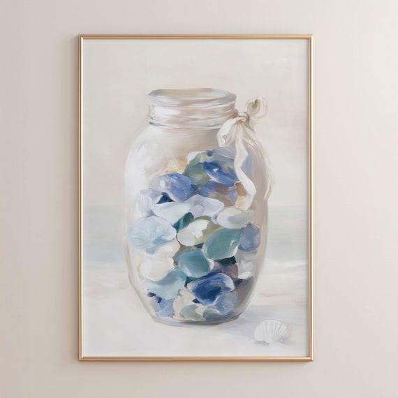 Mason Jar Sea Glass Beachy Still Life Coastal Cottage Decor Poster
